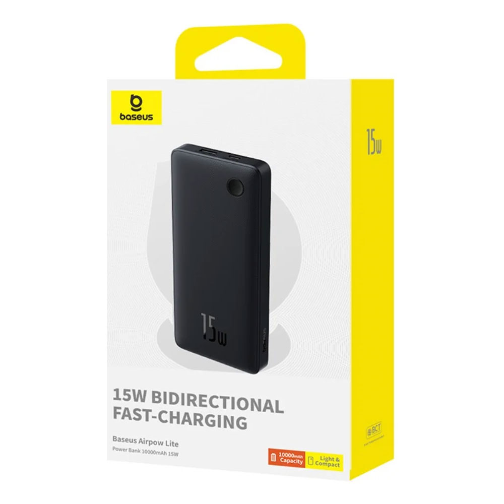 Външна батерия Baseus Airpow Lite 10000mAh, 15W, 1 x USB; 2 x USB Type-C, общо 3A (включва 30 cm USB кабел за USB Type-C) P10067500123-00 - черен - Image 4