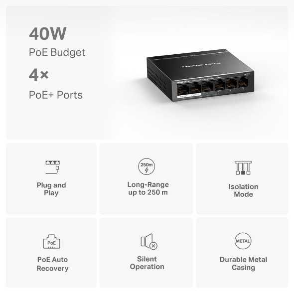 6-портов настолен комутатор Mercusys MS106LP 10/100 Mbps със 4 PoE+ порта - Image 4