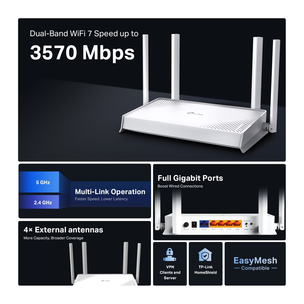 Рутер Wi-Fi 7 TP-Link Archer BE220W BE3600 2-лентов - Image 4