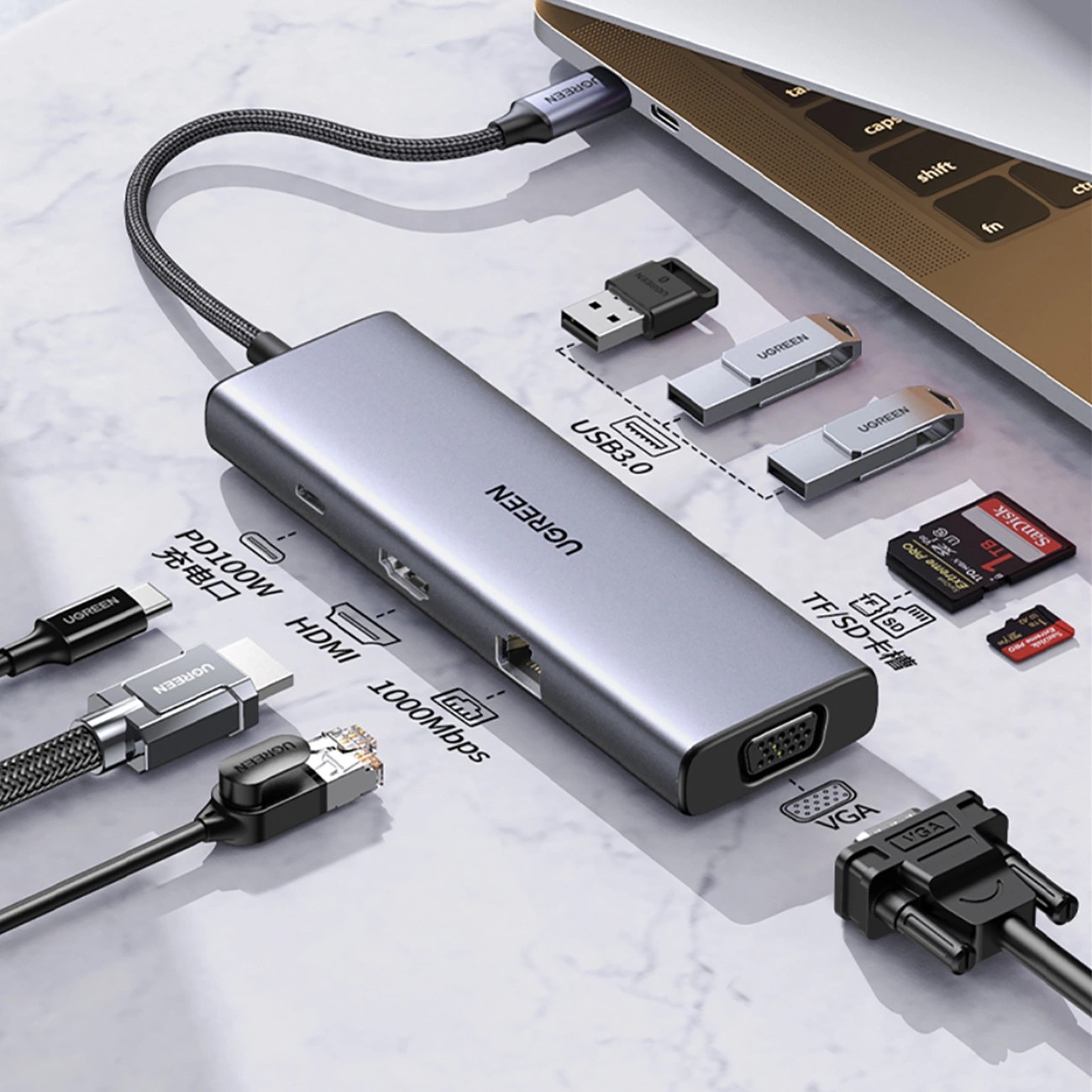 Мултифункционален USB хъб Ugreen CM498 15600 USB-C - 3x USB-A 3.0 / HDMI / VGA / RJ45 / SD / TF Card Reader / USB-C PD - сив - Image 3