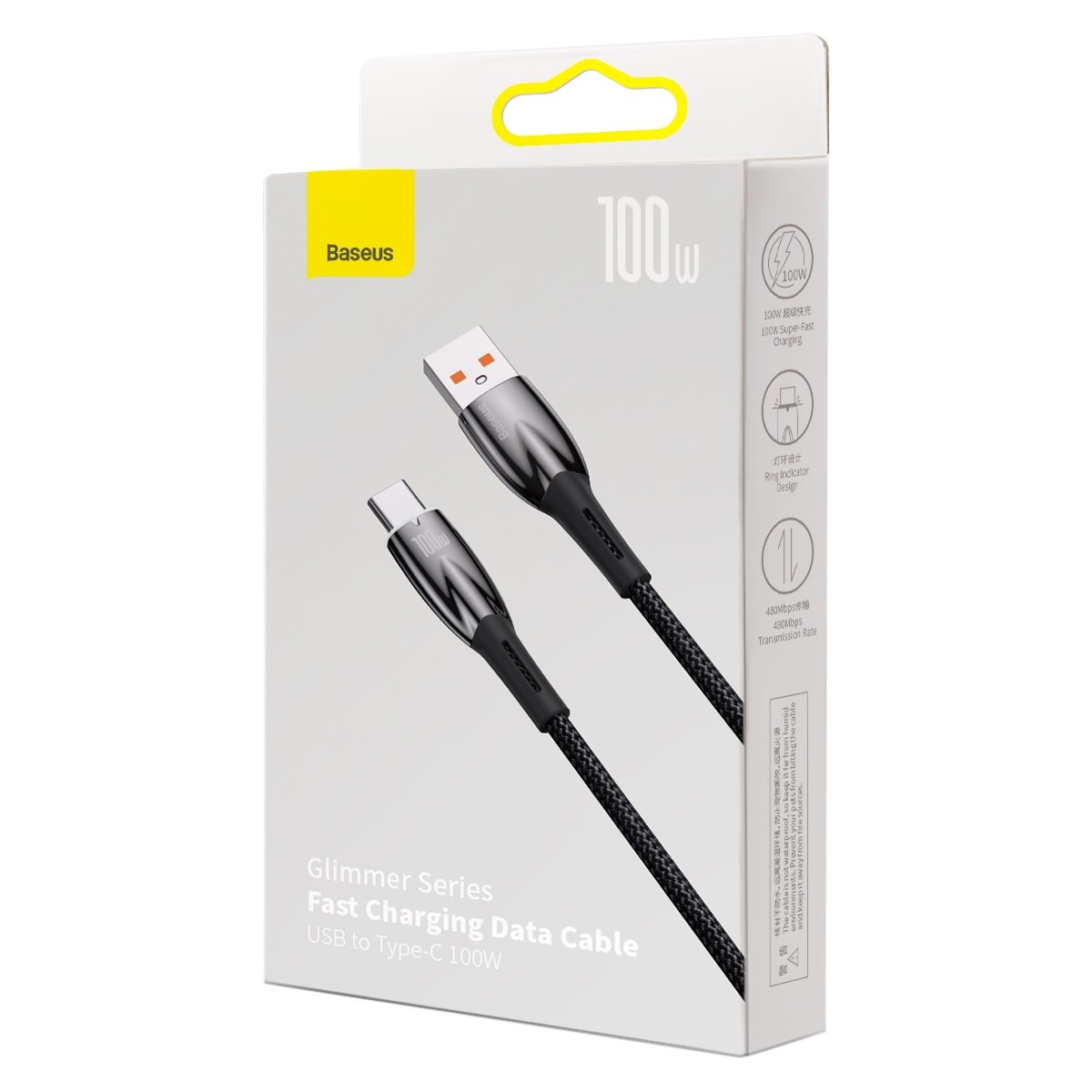 Кабел Baseus Glimmer Series USB-A - USB-C 100W 480Mbps 1м CADH00401 - черен - Image 5