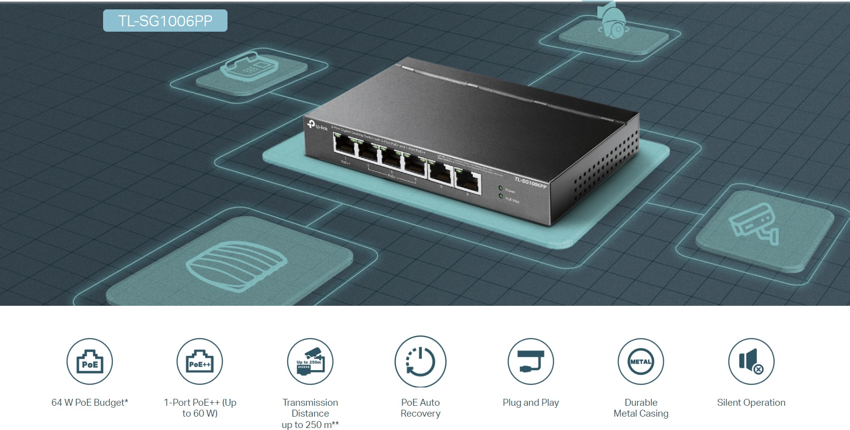 Комутатор TP-Link TL-SG1006PP 6-портов гигабитов настолен с 3-порта PoE+ и 1-порта PoE++ - Image 4