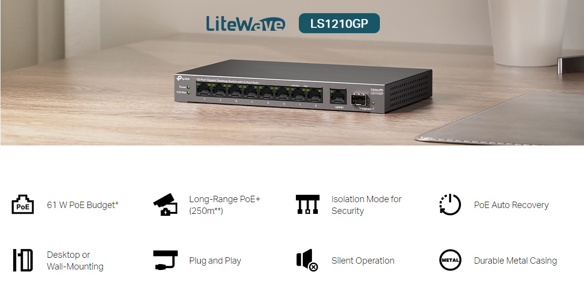 10-портов гигабитен настолен комутатор TP-Link LS1210GP с 8-PoE+ порта - Image 4