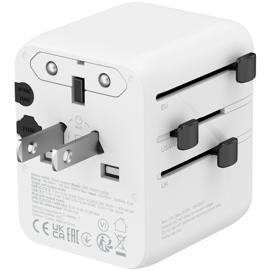 CANYON Travel Adapter OnTour 20 EU/UK/US/AUS 20W White - Image 3