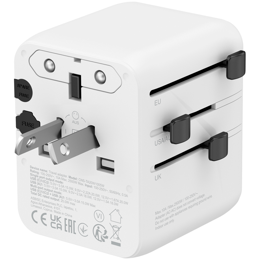 CANYON Travel Adapter OnTour 20 EU/UK/US/AUS 20W White - Image 4