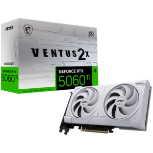 MSI Video Card NVIDIA GeForce RTX 5060 Ti 8G VENTUS 2X OC WHITE PLUS, 8GB GDDR7, 128-bit, 2617 MHz Boost, 4608 CUDA Cores, PCIe 5.0 (x8), 3x DP 2.1b, HDMI 2.1b, RAY TRACING, Dual Fan, 180W TDP, 8-pin PCIe Power, G-SYNC, 2-Slot, 3Y