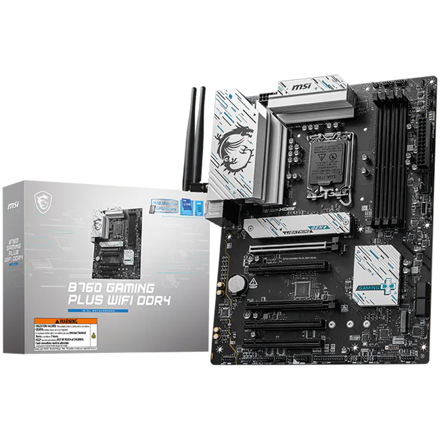 MSI B760 GAMING PLUS WIFI DDR4, LGA 1700, 4xDDR4, ATX, Dual Channel DDR4 5333(OC)MHz, 5x PCIe x16 slots, 2x M.2 slots, 1x HDMI, 1x DP, 2x USB 3.2 Gen 2, 1x USB 3.2 Gen 2 Type-C, 4x USB 2.0, 7.1 HD Audio, 2.5Gbps LAN, WI-Fi 6E, BT, 3Y