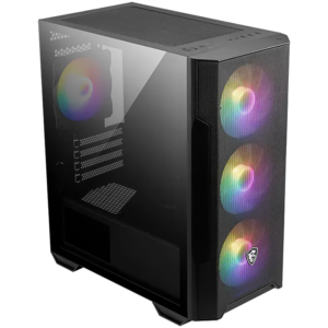 MSI MAG FORGE M100R, M-ATX Tower, M-ATX/ M-ITX, 1x USB 3.2 Gen 1 Type-A, 2x USB 2.0 Type-A, 1x Audio, 1x Mic, Power Button, 4x 120mm ARGB Fans, LED Button, ARGB Control Board, Mesh Panel, Tempered Glass