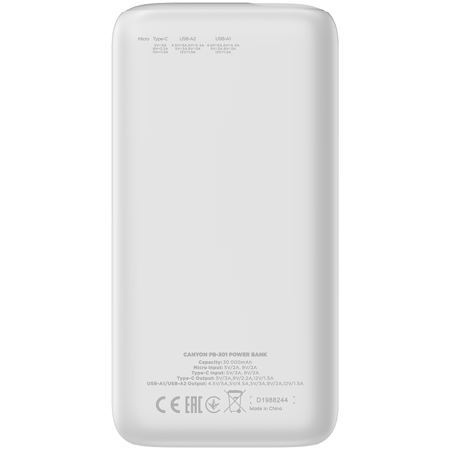 CANYON power bank PB-301 LED 30000 mAh PD 20W QC 3.0 White - Image 3
