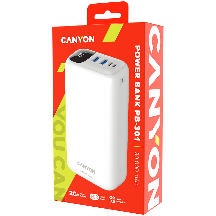 CANYON power bank PB-301 LED 30000 mAh PD 20W QC 3.0 White - Image 4