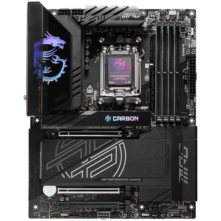 MSI MPG X870E CARBON WIFI, ATX, Socket AM5, 4x DDR5 Dual Channel DDR5 up to 8400(OC)MHz, 3x PCIe 3.0 x16 slot, 4x M.2 slot, 9x USB 10Gbps, 2x 10Gbps Type-C, 2x 40Gbps Type-C, HDMI, 7.1 HD Audio, 2.5+5G LAN, WiFI 7, BT, 3Y - Image 2
