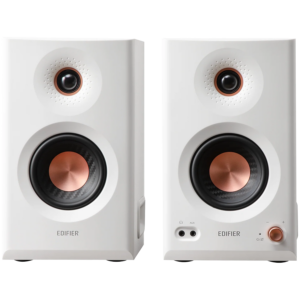 Edifier MR5 Active Studio Monitors (Tri-amped), BT V6.0, Balanced XLR, Balanced TRS, RCA and AUX, with headphone output, 5-inch woofers, 3.75-inch mid-range drivers, and 1-inch silk dome tweeters, 110W (RMS), Room Acoustic Compensation, White