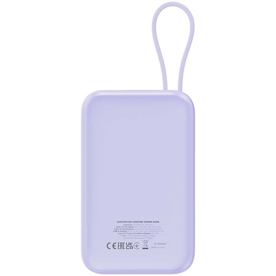 CANYON power bank OnPower 101 built-in cable 10000 mAh PD22.5W Purple - Image 4