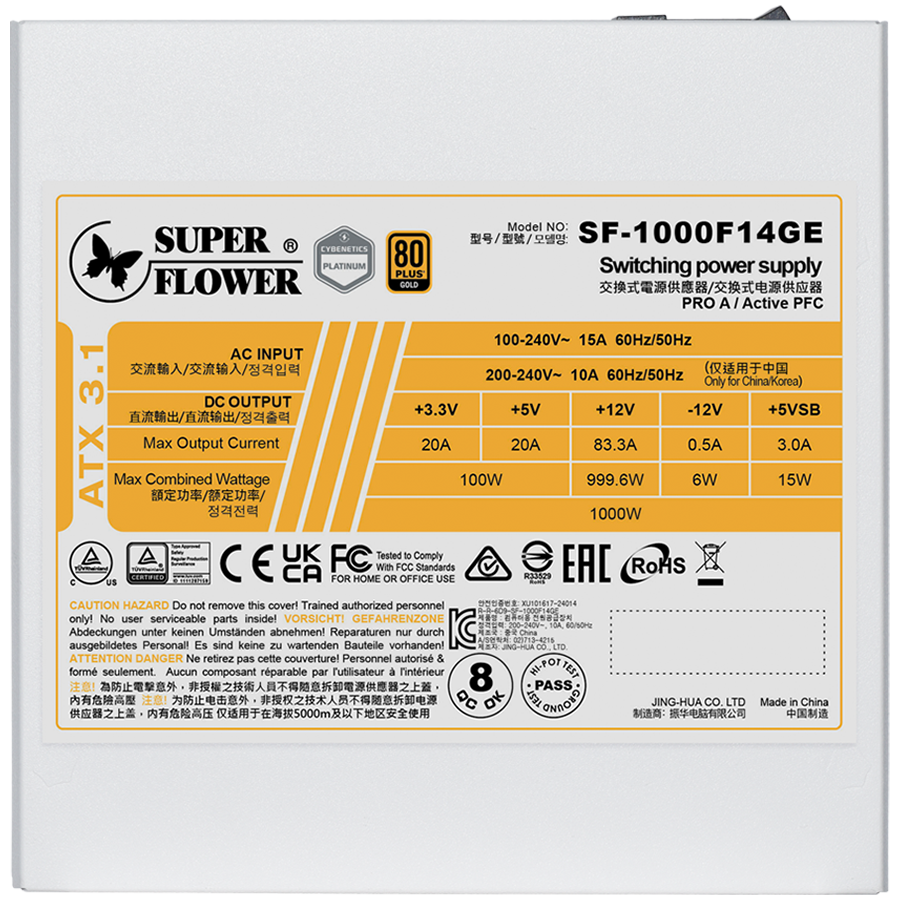 Super Flower Leadex III Gold 1000W ATX 3.1 80 Plus Gold, Fully Modular, Flat White Cables, 140mm Fan, White, 7 Year Warranty - Image 2