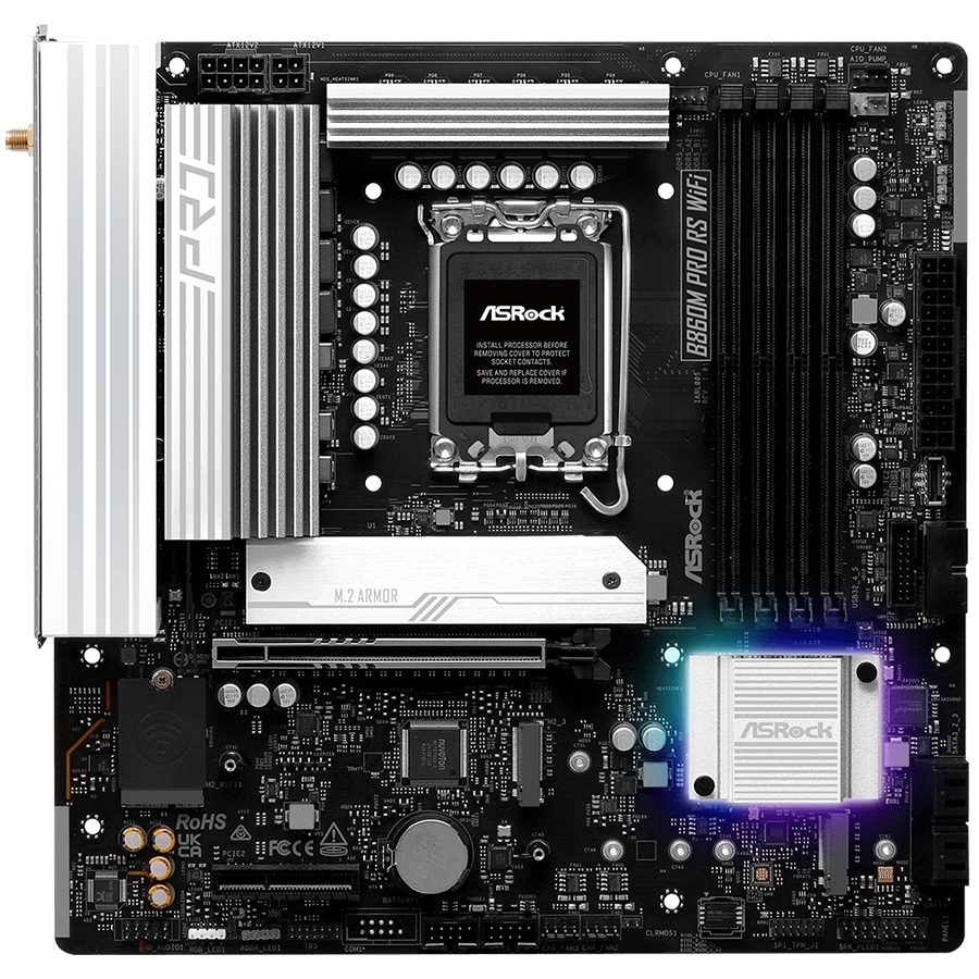 ASROCK MB Desktop B860M Pro Rs Wi-fi, S.1851, 4x DDR5, 1x PCIe 5.0 x16, 1x PCIe 4.0 x4, 1x Blazing M.2, 2x Hyper M.2, 4x SATA3, 2x USB-C, 8x USB 3.2, 6x USB 2.0, 1x RJ-45 2.5GB Lan, 802.11axe Wi-Fi 6E + Bluetooth 5.3, ATX - Image 2