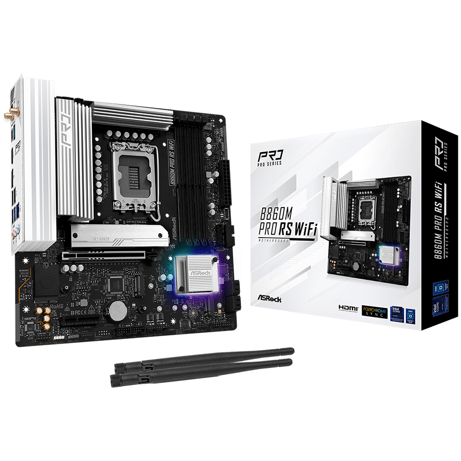 ASROCK MB Desktop B860M Pro Rs Wi-fi, S.1851, 4x DDR5, 1x PCIe 5.0 x16, 1x PCIe 4.0 x4, 1x Blazing M.2, 2x Hyper M.2, 4x SATA3, 2x USB-C, 8x USB 3.2, 6x USB 2.0, 1x RJ-45 2.5GB Lan, 802.11axe Wi-Fi 6E + Bluetooth 5.3, ATX