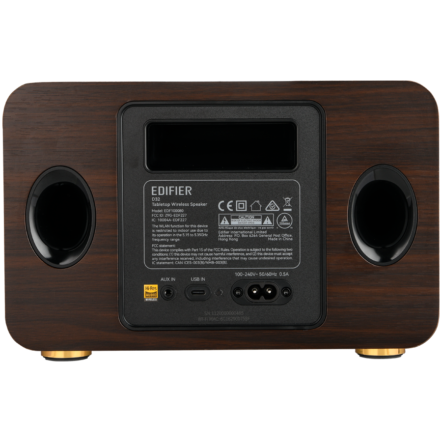 Edifier D32 2.1 Speaker, BT V5.3, Wi-Fi, AUX, USB-C, 1x 4-inch Midrange Driver, 2x 1-inch Tweeters, 60W (RMS), Black Walnut - Image 4