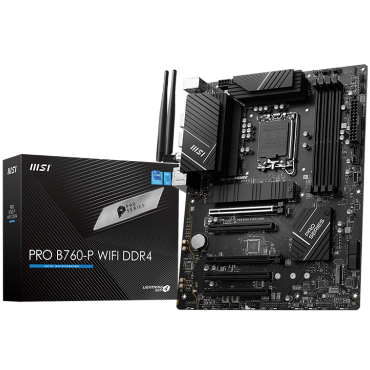 MSI PRO B760-P WIFI DDR4, ATX, Socket 1700, Dual Channel DDR4 5333(OC)MHz, 2x PCIe x16 slots, 2x M.2 slots, 1x HDMI, 1x DP, 1x USB 3.2 Gen 2x2 Type-C, 3x USB 3.2 Gen 2, 4x USB 2.0, 7.1 HD Audio, 2.5Gbps LAN, WI-FI 6E, BT, 3Y