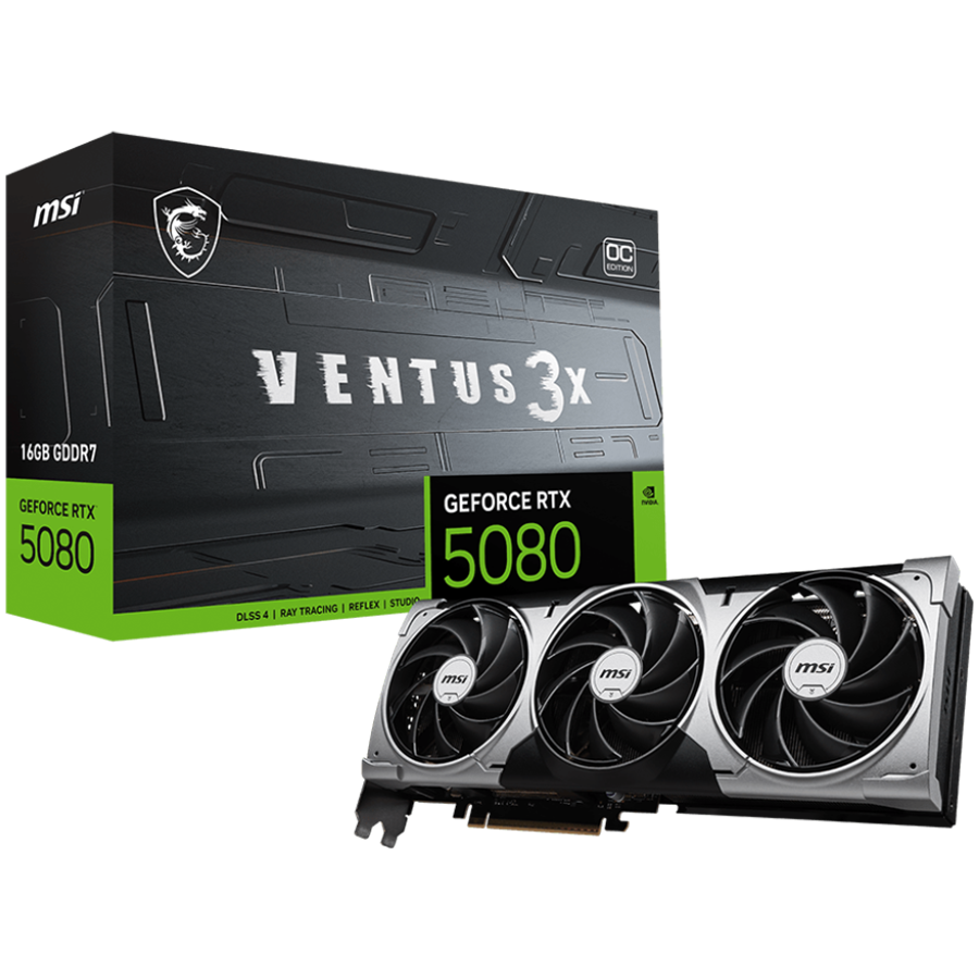 MSI Video Card Nvidia GeForce RTX 5080 16G VENTUS 3X OC, 16GB GDDR7, 256bit, Effective Memory Clock: 30000MHz, Boost: 2640 MHz, 10752 CUDA Cores, PCIe 5.0, 3x DP 2.1b, HDMI 2.1b, RAY TRACING, Triple Fan, 1x16pin, 850W Recommended PSU, 3Y
