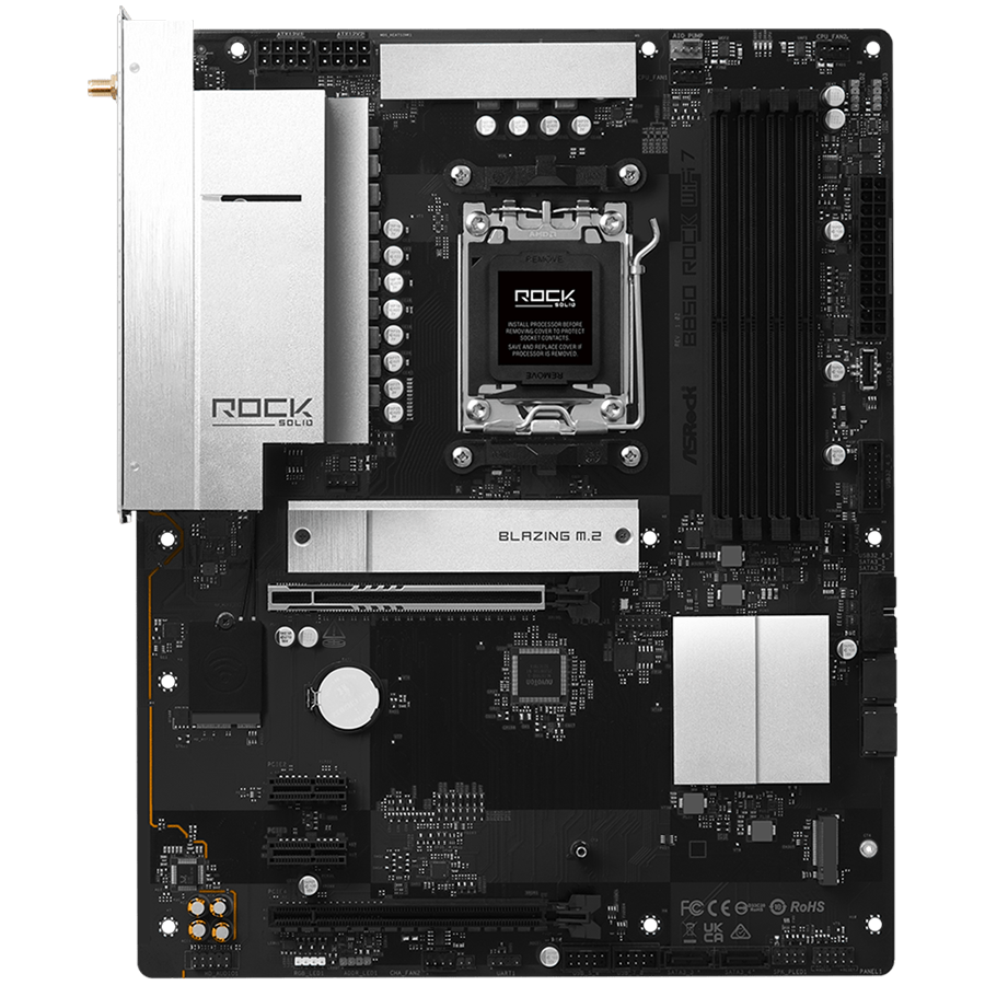 ASROCK MB Desktop B850 Rock WiFi 7, AM5, 4x DDR5, 1x PCIe 5.0 x16, 1x PCIe 4.0 x16, 1x Blazing M.2, 1x Hyper M.2, 4x SATA3, RAID 0, 1, 10, 7.1 CH HD Audio, 1x HDMI, 8x USB 3.2, 8x USB 2.0, 2x USB-C, 2.5G LAN, 2x Wi-Fi 7, BT, 1x HDMI, 1x SPDIF, ATX - Image 2