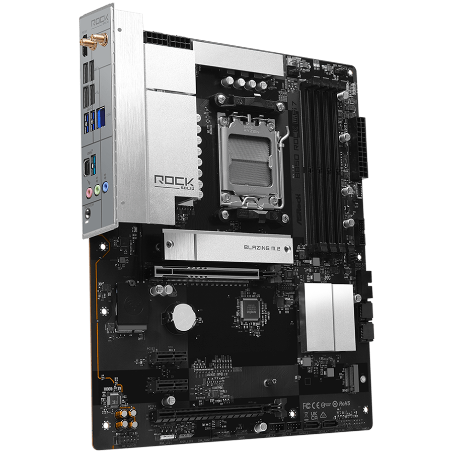 ASROCK MB Desktop B850 Rock WiFi 7, AM5, 4x DDR5, 1x PCIe 5.0 x16, 1x PCIe 4.0 x16, 1x Blazing M.2, 1x Hyper M.2, 4x SATA3, RAID 0, 1, 10, 7.1 CH HD Audio, 1x HDMI, 8x USB 3.2, 8x USB 2.0, 2x USB-C, 2.5G LAN, 2x Wi-Fi 7, BT, 1x HDMI, 1x SPDIF, ATX - Image 3