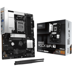 ASROCK MB Desktop B850 Rock WiFi 7, AM5, 4x DDR5, 1x PCIe 5.0 x16, 1x PCIe 4.0 x16, 1x Blazing M.2, 1x Hyper M.2, 4x SATA3, RAID 0, 1, 10, 7.1 CH HD Audio, 1x HDMI, 8x USB 3.2, 8x USB 2.0, 2x USB-C, 2.5G LAN, 2x Wi-Fi 7, BT, 1x HDMI, 1x SPDIF, ATX