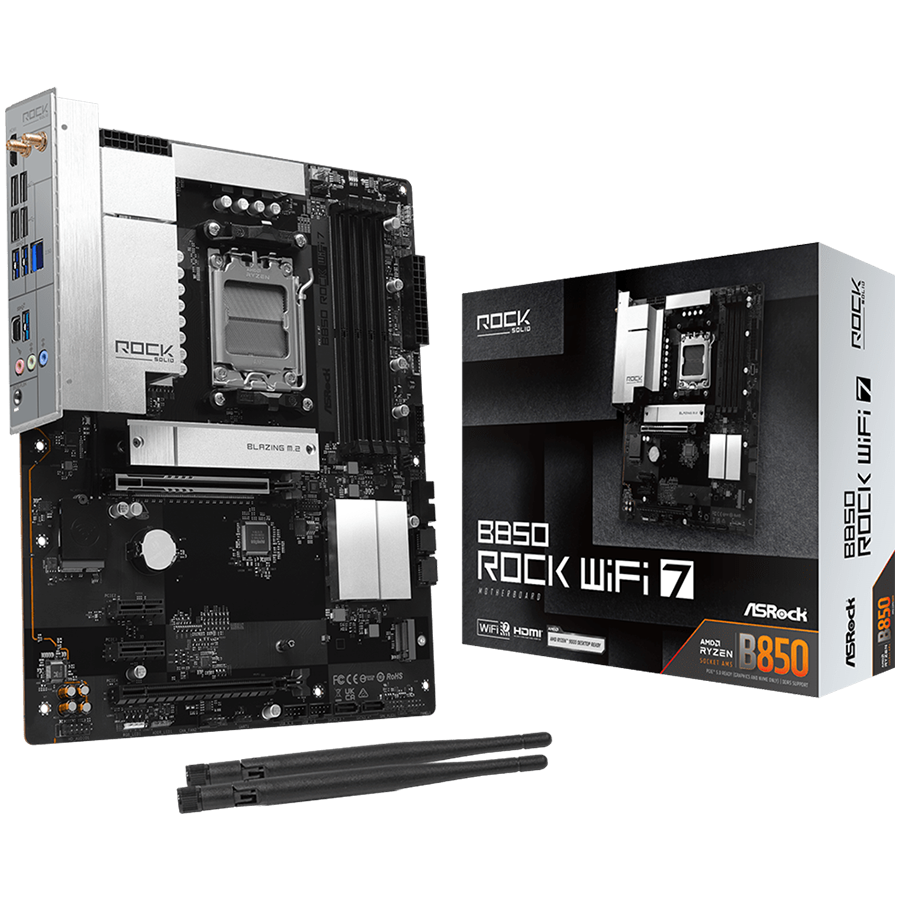 ASROCK MB Desktop B850 Rock WiFi 7, AM5, 4x DDR5, 1x PCIe 5.0 x16, 1x PCIe 4.0 x16, 1x Blazing M.2, 1x Hyper M.2, 4x SATA3, RAID 0, 1, 10, 7.1 CH HD Audio, 1x HDMI, 8x USB 3.2, 8x USB 2.0, 2x USB-C, 2.5G LAN, 2x Wi-Fi 7, BT, 1x HDMI, 1x SPDIF, ATX