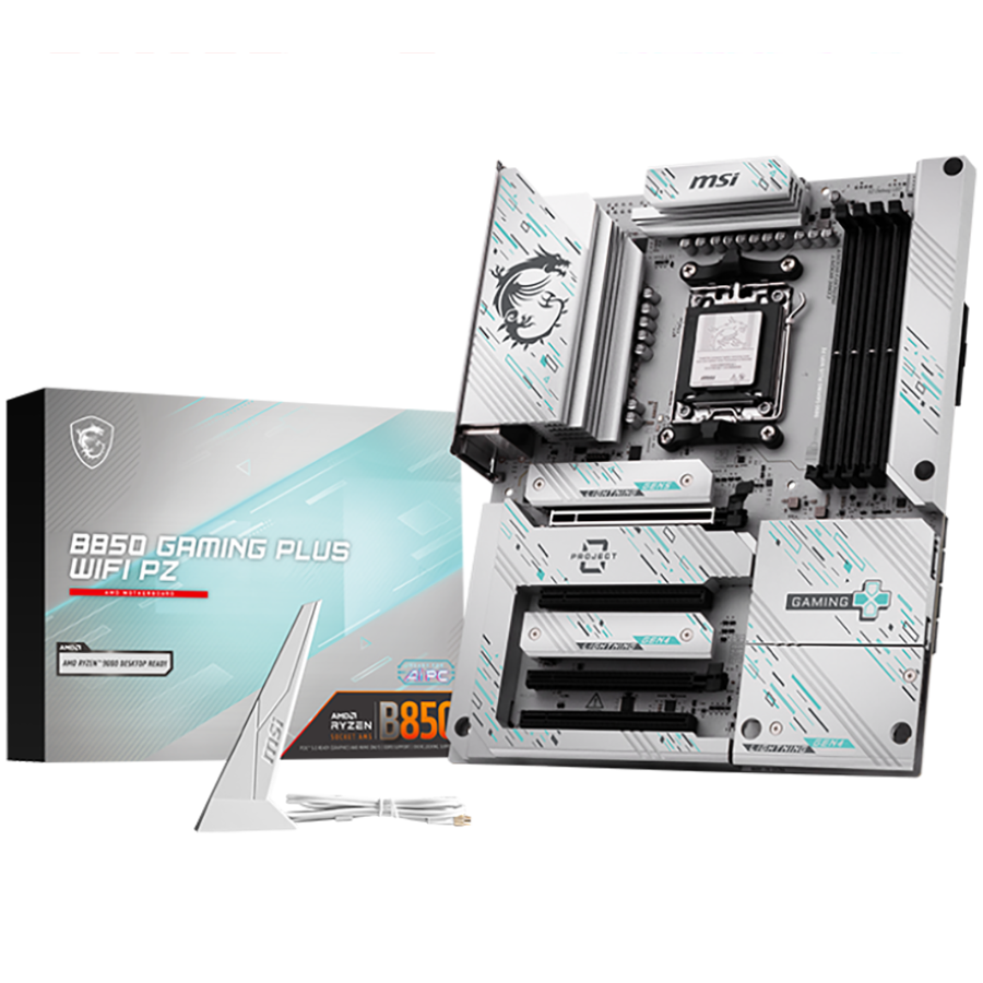 MSI B850 GAMING PLUS WIFI PZ, ATX, Socket AM5, Back Connectors, 4x DDR5 Dual Channel DDR5 up to 8200(OC)MHz, 4x PCIe x16 slot, 3x M.2 slot, 4x USB 2.0, 1x USB 5Gbps, 1x USB 10Gbps, 2x USB 10Gbps Type-C, DP, 7.1 HD Audio, 5G LAN, WiFI 7, BT, 3Y