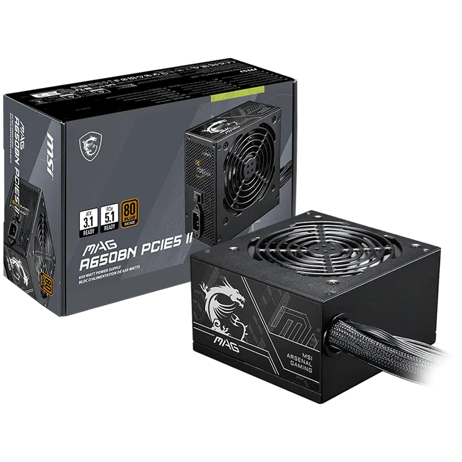 MSI MAG A650BN PCIE5 II, 650W, 80 Plus Bronze, 120mm Low Noise Fan, Protections: OVP/OCP/SCP/OPP/UVP, Dimensions: 150mmx140mmx86mm, 5Y Warranty
