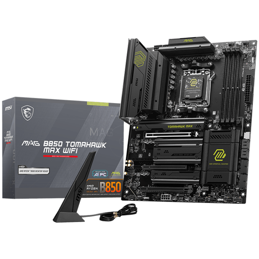 MSI MAG B850 TOMAHAWK MAX WIFI, ATX, Socket AM5, 4x DDR5 Dual Channel DDR5 up to 8400(OC)MHz, 3x PCIe 3.0 x16 slot, 4x M.2 slot, 4x USB 2.0, 1x USB 5Gbps, 2x USB 10Gbps, 3x USB 10Gbps Type-C, HDMI, 7.1 HD Audio, 5G LAN, WiFI 7, BT, 3Y