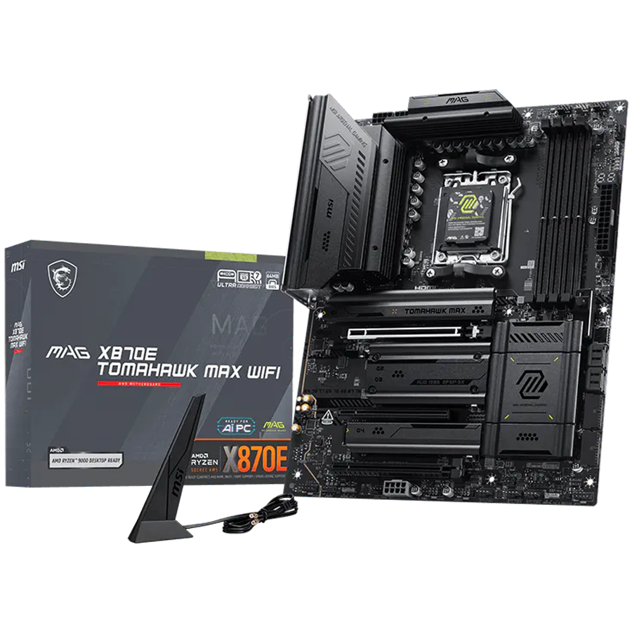 MSI MAG X870E TOMAHAWK MAX WIFI, ATX, Socket AM5, 4x DDR5 Dual Channel DDR5 up to 8400(OC)MHz, 3x PCIe 3.0 x16 slot, 4x M.2 slot, 4x USB 2.0, 3x USB 5Gbps, 2x USB 10Gbps, 1x 10Gbps Type-C, 2x 40Gbps Type-C, HDMI, 7.1 HD Audio, 5G LAN, WiFI 7, BT, 3Y