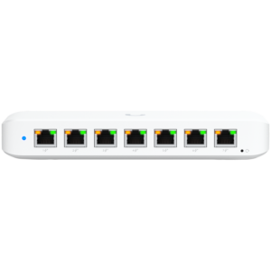 Ubiquiti USW-Ultra-210W-EU compact, Layer 2, 8-port GbE PoE switch with versatile mounting options, 7x GbE PoE+ output ports, GbE port with optional PoE++ input, 202W PoE availability with the included AC power adapter