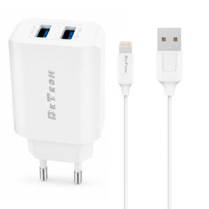 Мрежово зарядно устройство DeTech DE-58i, 5V/2.4A, 220V, 2 x USB, С кабел Lightning, 1.0m, Бял - 40540
