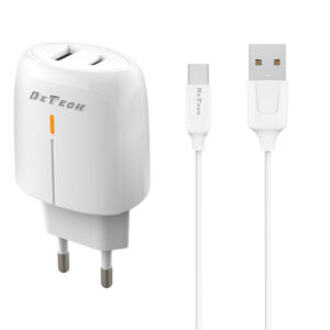 Мрежово зарядно устройство DeTech DE-63C, 5V/2.4A, 220V, 2 x USB, С Type-C кабел, 1.0m, Бял - 40550