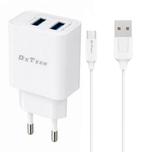 Мрежово зарядно устройство DeTech DE-59C, 5V/2.4A, 220V, 2 x USB, с Type-C кабел, 1.0m, Бял - 40542