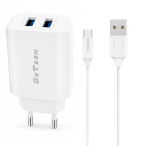 Мрежово зарядно устройство DeTech DE-58C, 5V/2.4A, 220V, 2 x USB, с Type-C кабел, 1.0m, Бял - 40539