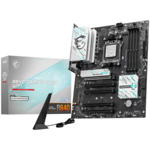 MSI B840 GAMING PLUS WIFI, ATX, Socket AM5, 4x DDR5 Dual Channel DDR5 up to 8000(OC)MHz, 5x PCIe x16 slot, 2x M.2 slot, 4x USB 2.0, 2x USB 5Gbps, 1x USB 10Gbps, 1x USB 10Gbps Type-C, HDMI, 7.1 HD Audio, 2.5G LAN, WiFi, BT, 3Y