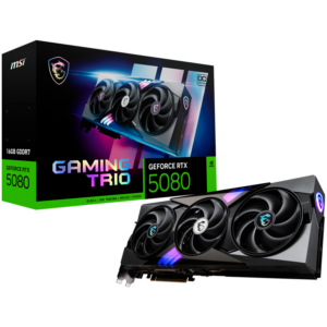 MSI Video Card Nvidia GeForce RTX 5080 16G GAMING TRIO OC, 16GB GDDR7, 256bit, Effective Memory Clock: 30000MHz, Boost: 2617 MHz, 10752 CUDA Cores, PCIe 5.0, 3x DP 2.1a, HDMI 2.1b, RAY TRACING, Triple Fan, 1x16pin, 850W Recommended PSU, 3Y